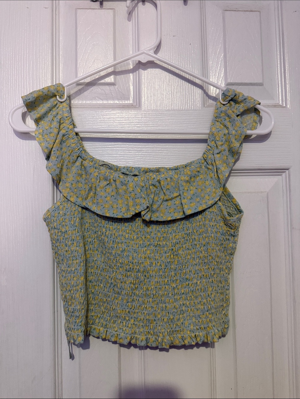 Pink Rose Yellow & Light Blue Floral Smocked Crop Top